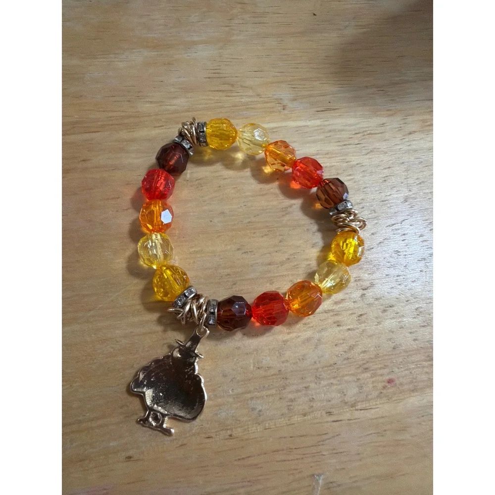 Thanksgiving Turkey Charm Stretch Bracelet Fall Autumn Beaded Orange Brown